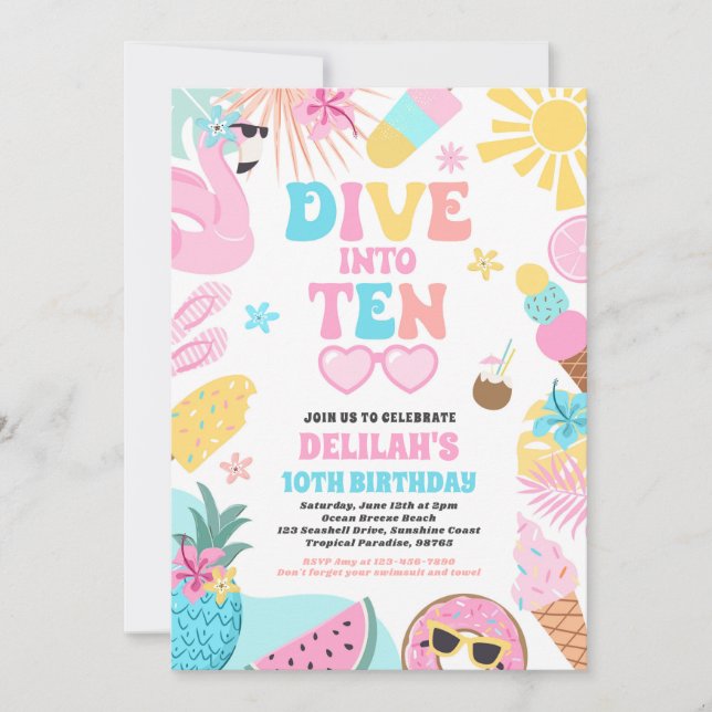 Dive Into Ten Tropical Beach 10th Birthday Party Invitation (Front)