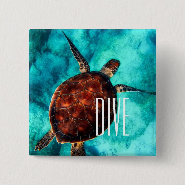 Dive Sea Turtle 2 Inch Square Button (Front)