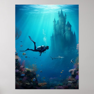 Diver finds a castle in the reef poster