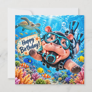Diver Hippo Diving underwater Birthday  Card