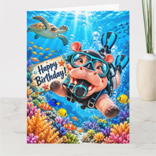 Diver Hippo Diving underwater Birthday  Card