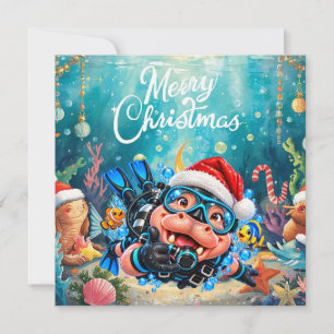Diver Hippo Under the Sea Christmas Party Holiday Card