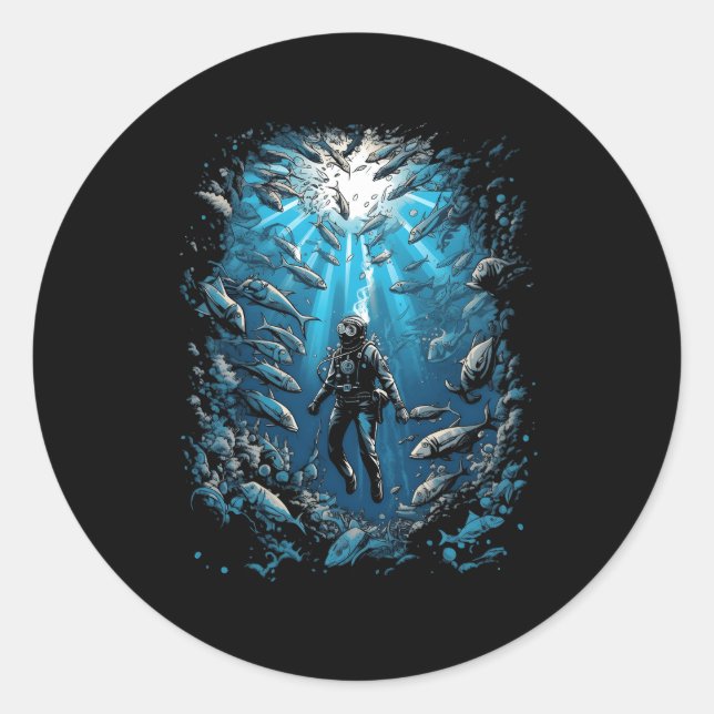 Diver Shark Sharks Scuba Diving Dive Ocean Underwa Classic Round Sticker (Front)