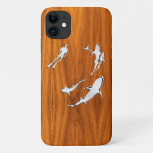Diver with Sharks on Teak Veneer Style iPhone 11 Case