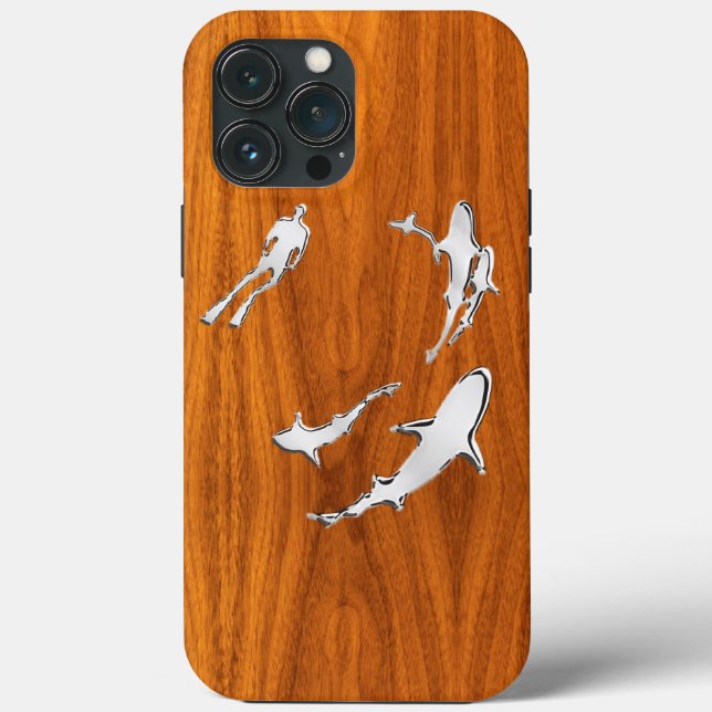 Diver with Sharks on Teak Veneer Style Case-Mate iPhone Case (Back)