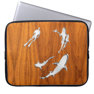 Diver with Sharks Silhouettes on Teak Veneer Laptop Sleeve