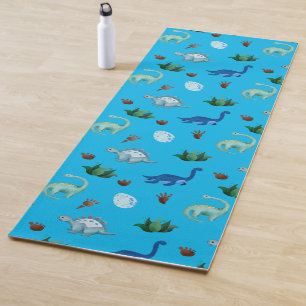 Diverse Dinosaur Species in Turquoise Background Yoga Mat