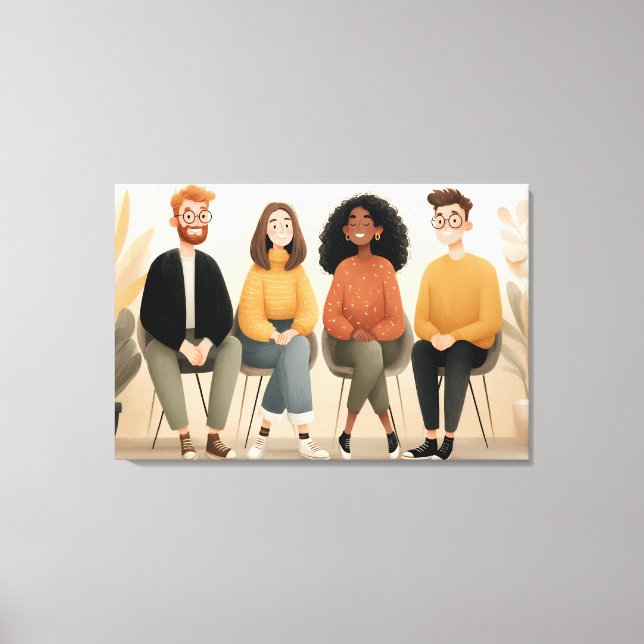 Diverse Friends Sitting Together Cozy Illustration Canvas Print (Front)