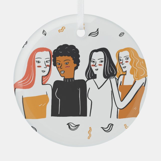 Diverse girls, various nationalities together. glass ornament (Front)