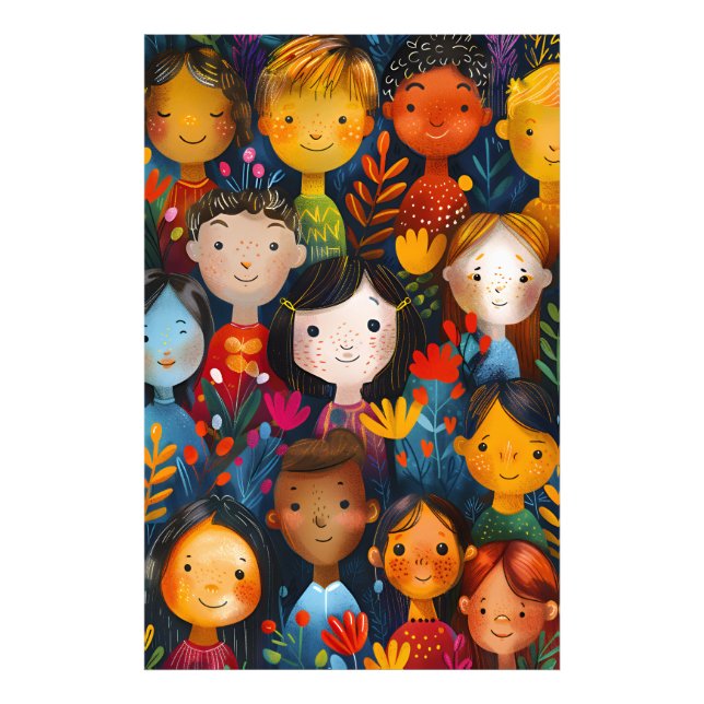 Diverse Happy Children Floral Pattern Illustration Photo Print (Front)