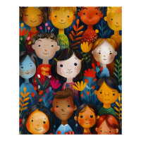 Diverse Happy Children Floral Pattern Illustration