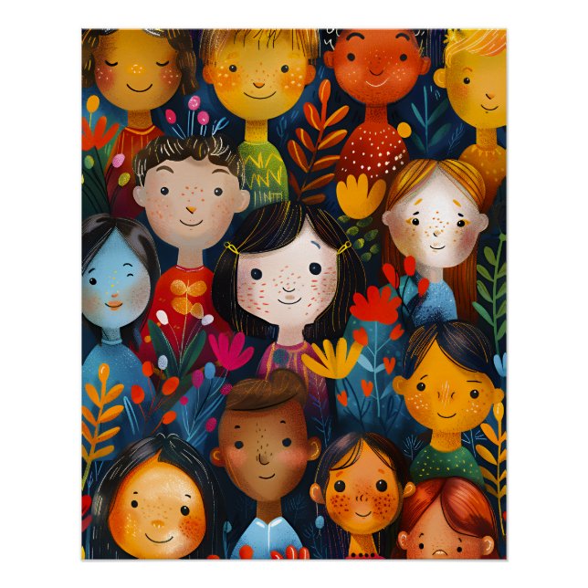 Diverse Happy Children Floral Pattern Illustration Poster (Front)