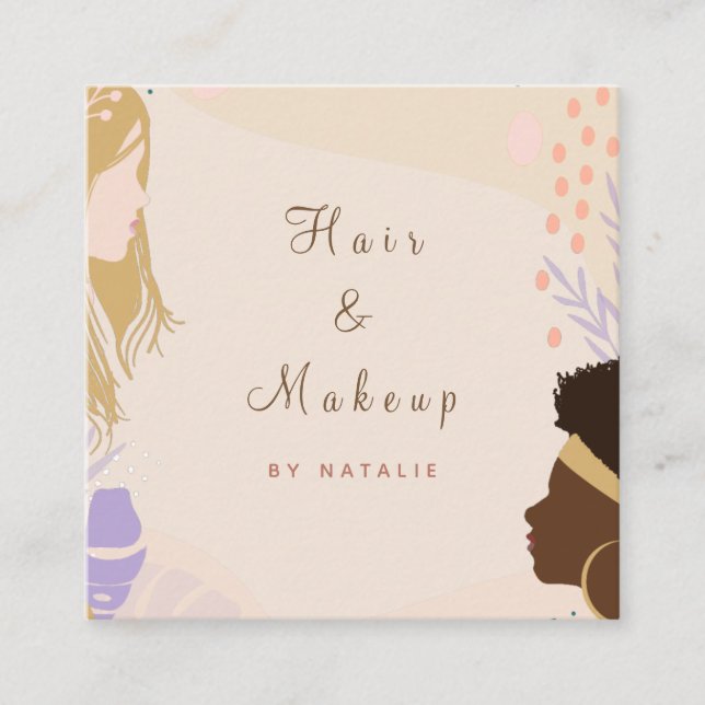 Diversity Beauty Hair Makeup Artist Boho Neutral Square Business Card (Front)