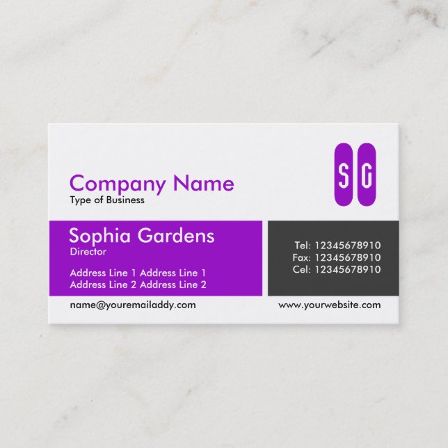 Divided Band Purple and Dark Grey - Initials Business Card (Front)