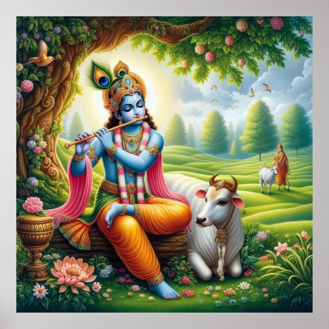 Divine Blue Krishna Flute Art Poster (Front)