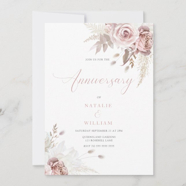 Divine Blush & Dusty Rose Wedding Anniversary Invitation (Front)