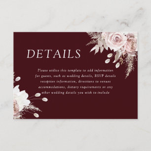 Divine Blush Floral Deep Burgundy Wedding Details Enclosure Card