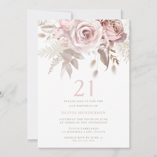 Divine Blush Pink Roses 21st Birthday Party Invitation (Front)