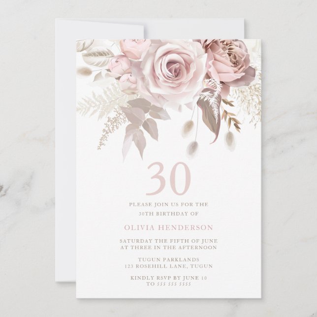 Divine Blush Pink Roses 30th Birthday Party Invitation (Front)