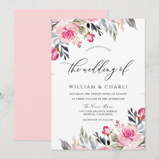 Divine Blush Pink Watercolor Floral Wedding Invitation (Front/Back)