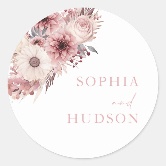 Divine Boho Blush & Rose Wedding  Classic Round Sticker (Front)