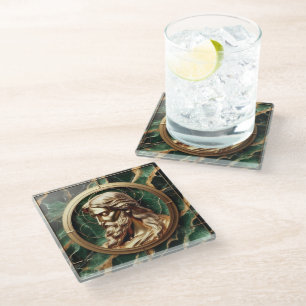 Divine Encounter Jesus Face in Ornate Gold Frame Glass Coaster