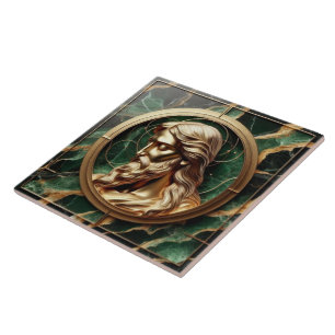 Divine Encounter Jesus Face in Ornate Gold Frame Tile