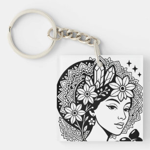 Divine Feminine Mandala Art Floral Crystal Goddess Keychain