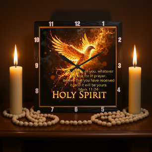 Divine Flame Holy Spirit Message Mark 11:24 Verse Square Wall Clock