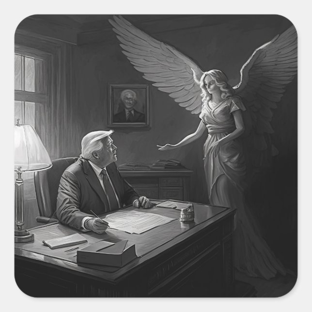 Divine Guidance: Donald Trump Advised by an Angel Square Sticker (Front)