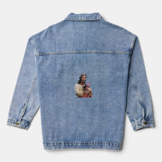 Divine_ Jesus and Moo Deng in Artistic Harmony Tan Denim Jacket