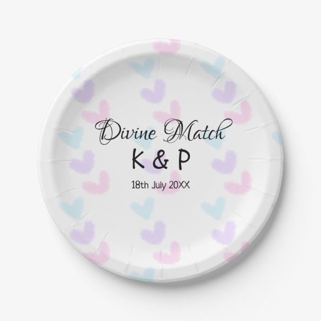 Divine match add couple name letter heart pattern  paper plate (Front)