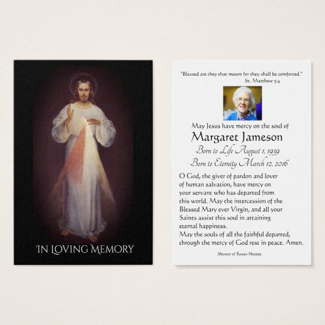 Divine Mercy Catholic Funeral Memorial Holy Card - (Front & Back)