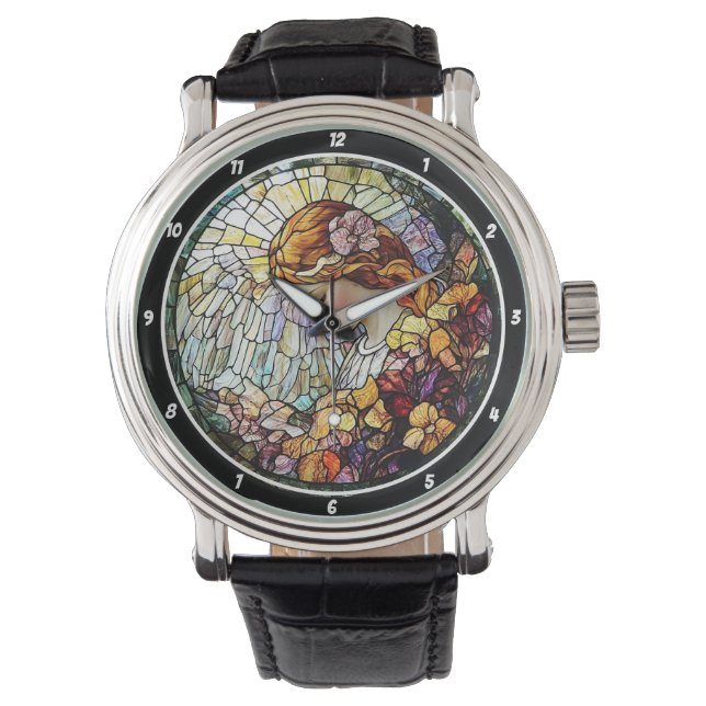 Divine Radiance Stained Glass Angel Wall  Watch (Front)