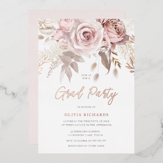 Divine Rose Gold Blush Floral Graduation Party (Front/Back)