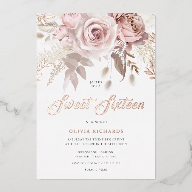 Divine Rose Gold Blush Floral Sweet 16 Party (Front)