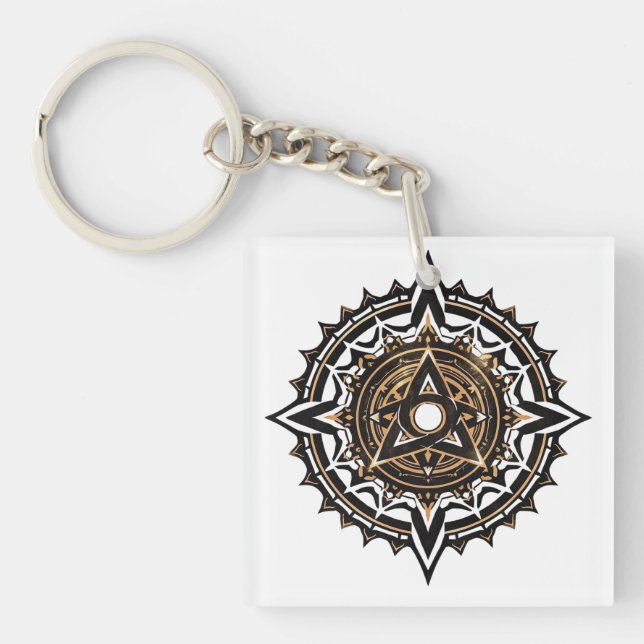 Divine Sacred Mandala – Black & Gold Trishul  Keychain (Front)