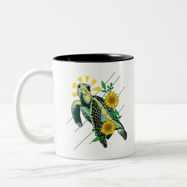 Divine Sea Turtle Sunflower Two-Tone Coffee Mug (Left)