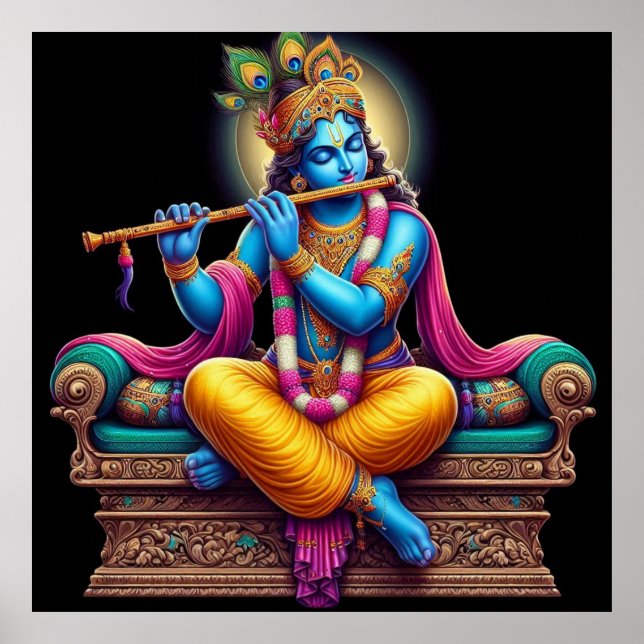 Divine Serene Krishna Flute Art Poster (Front)