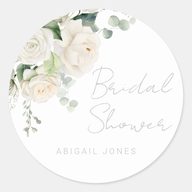 Divine White Roses & Sage Bridal Shower Classic Round Sticker (Front)