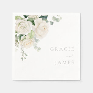 Divine White Roses & Sage Wedding Napkin