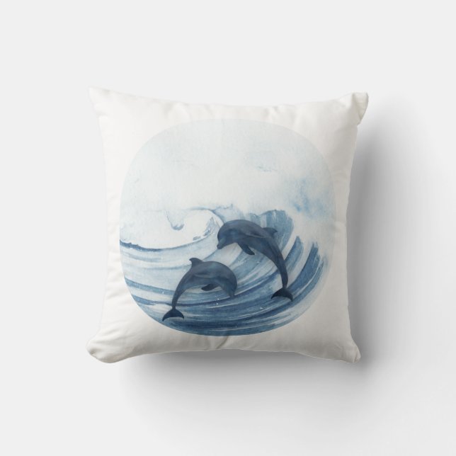 Diving dolphins in the surf throw pillow (Front)