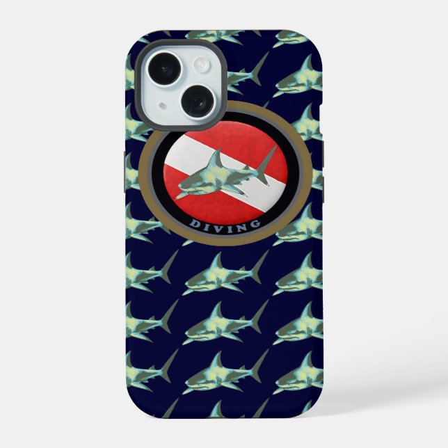 Diving Flag Shark pattern iPhone 15 Case (Back)