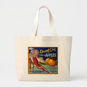 Diving Girl Apples - Vintage Fruit Crate Label Large Tote Bag