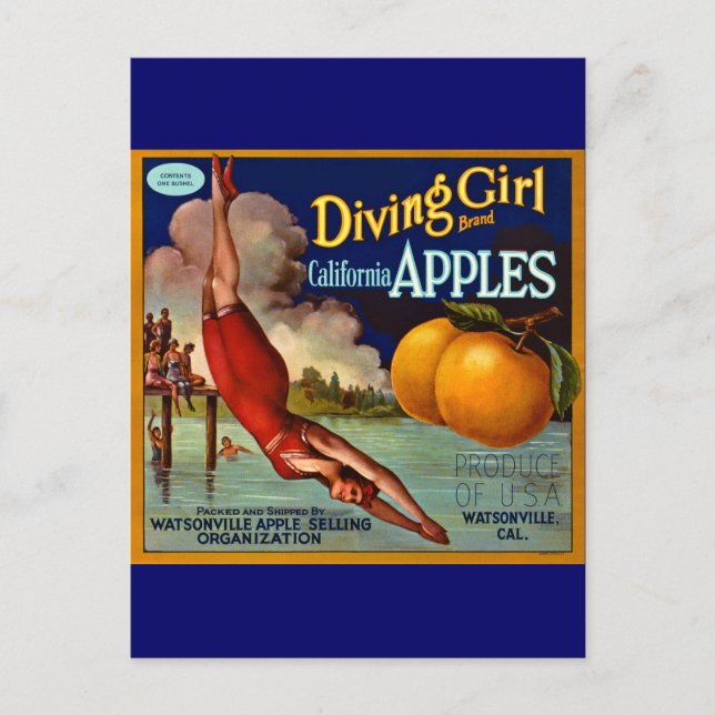 Diving Girl Apples - Vintage Fruit Crate Label Postcard (Front)
