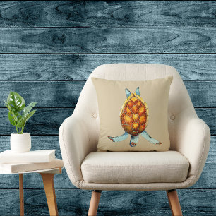 Diving Sea Turtle on Light Tan Throw Pillow