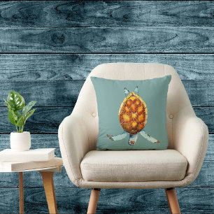 Diving Sea Turtle on Sea Green Throw Pillow