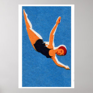Diving Woman Matchbox Print, Vintage Eastern Poster