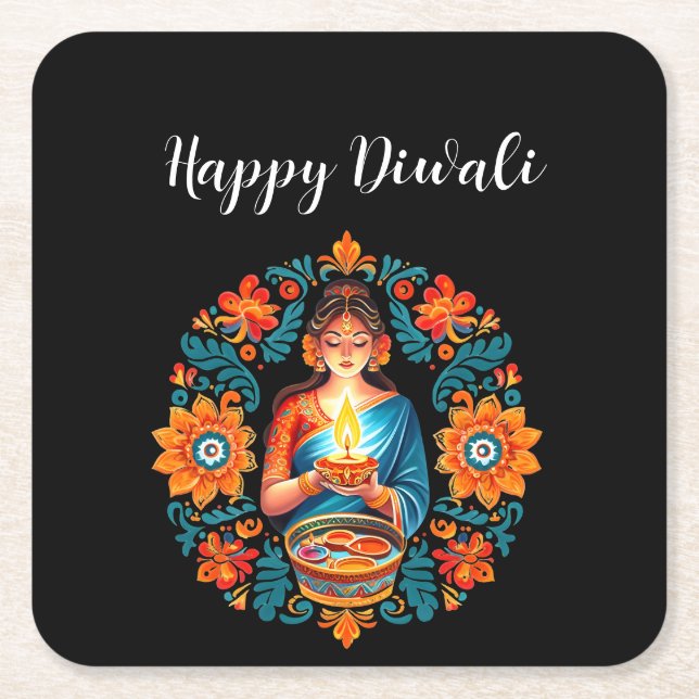 Diwali celebration square paper coaster (Front)