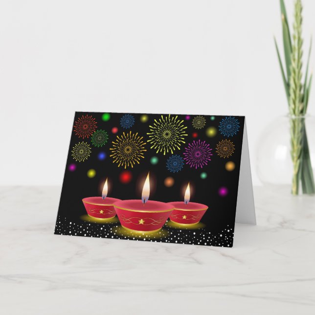 Diwali Celebrations with Glowing Lamps & Fireworks Card (Front)